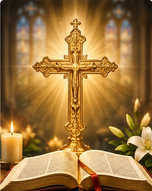 Golden Catholic cross above an open Bible